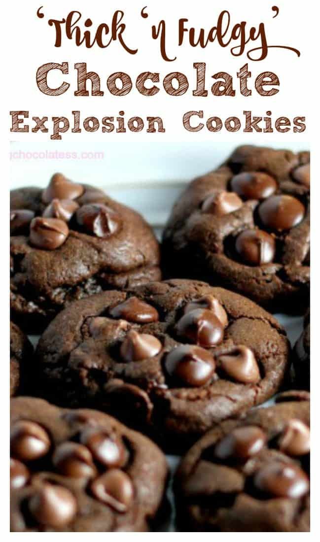 chocolate cookies are piled on top of each other with the words trick's fudges chocolate explosion cookies