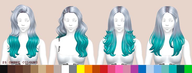 four different colored wigs are shown in the same color scheme, each with long and short hair