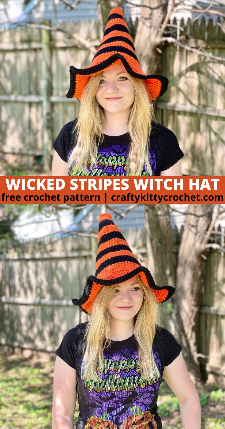 Brew up some fun this Halloween with this adorable Wicked Stripes Witch Hat!  If you're looking for costume ideas and want a fun, fast, and easy DIY, then this crochet pattern is for you.  Beginners and experienced crocheters alike can enjoy making this fun costume accessory!  With both Kids and Adult sizes included, and so many options to color-customize, add embellishments, etc., this hat is just what you need to complete the costumes for all the witches in your life this year! #crochet Halloween Crochet Witch Hat, Crochet Whimsical Witch Hat, Crochet Witch Hat Pattern Free For Baby, Witch Crochet Hat, Witches Hat Crochet, Crochet Costumes For Kids, Crochet Twisted Witch Hat Free Pattern, Witch Hat Pattern Crochet, Crochet Wizard Hat Pattern Free