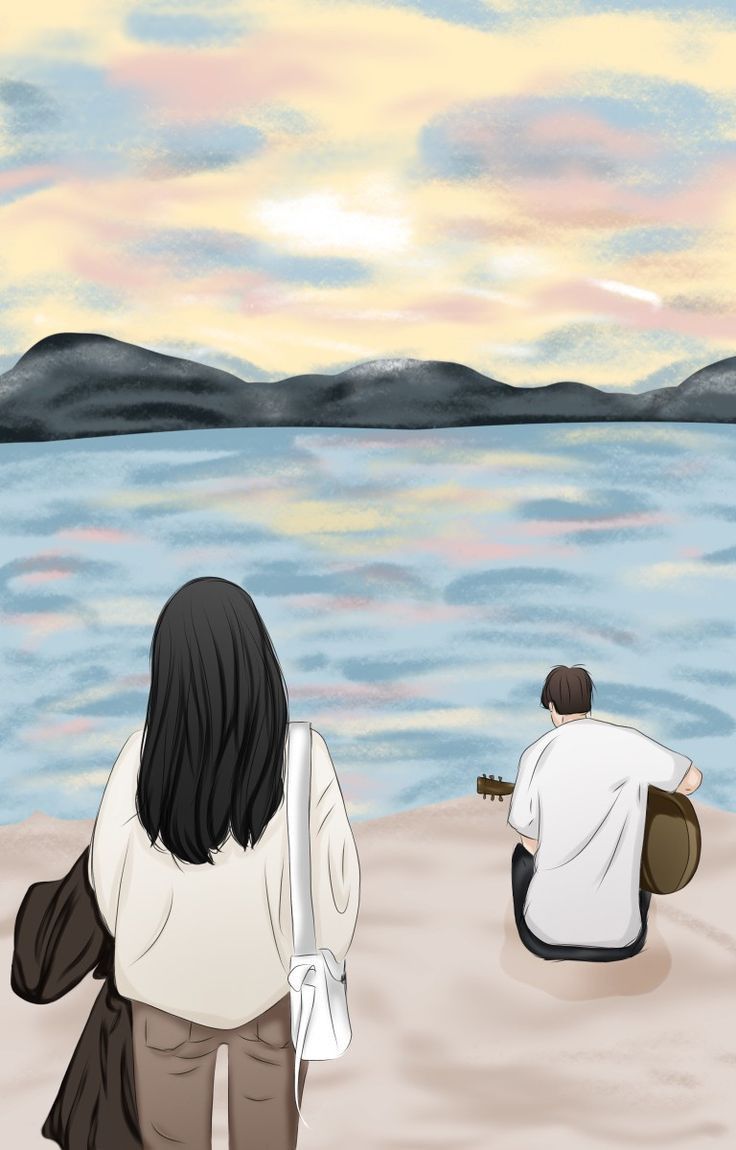 two people are sitting on the beach playing guitar