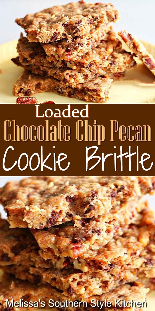 chocolate chip pecan cookie brittle is stacked on top of each other with the title above it