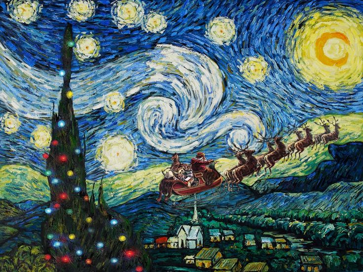 a painting of santa's sleigh and his reindeers in the night sky