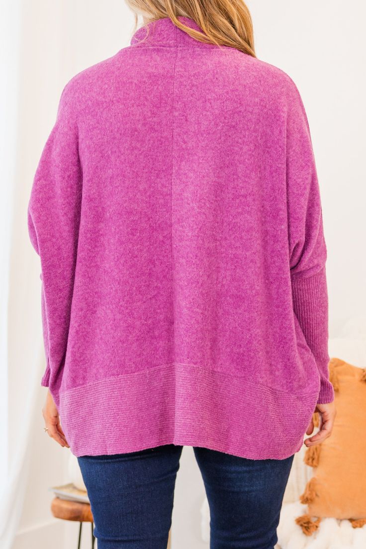 Stay cozy and stylish with our Mind Made Up On You Sweater in light plum! Made from a cozy brushed knit material, this sweater features a cowl neck and ribbed hem and cuff for added warmth! Its high low hemline adds a touch of uniqueness to your look! Perfect for those who want to stay cozy in style! 82% Polyester, 15% Rayon, 3% Spandex Winter Purple Sweater With Ribbed Cuffs, Purple Soft Knit Winter Top, Winter Soft Knit Purple Tops, Winter Purple Soft Knit Tops, Oversized Purple Sweater For Layering, Cozy Soft Knit Purple Top, Purple Textured Knit Sweater For Fall, Cozy Heather Sweater For Loungewear, Cozy Purple Textured Knit Sweater