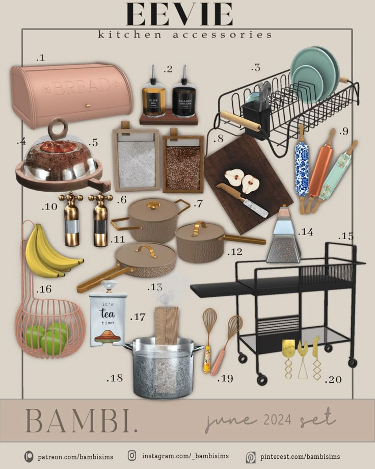 a poster with various kitchen items and utensils on it's side, including an oven