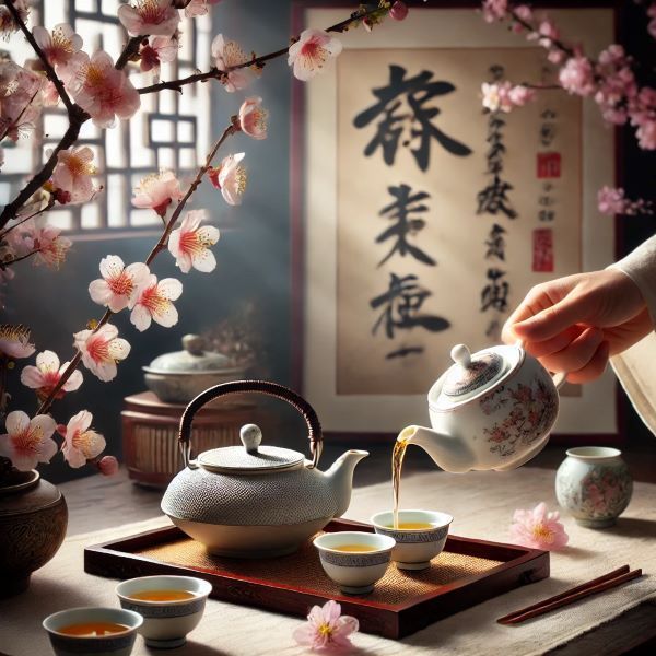 a person pouring tea into small bowls on a table with cherry blossoms in the background