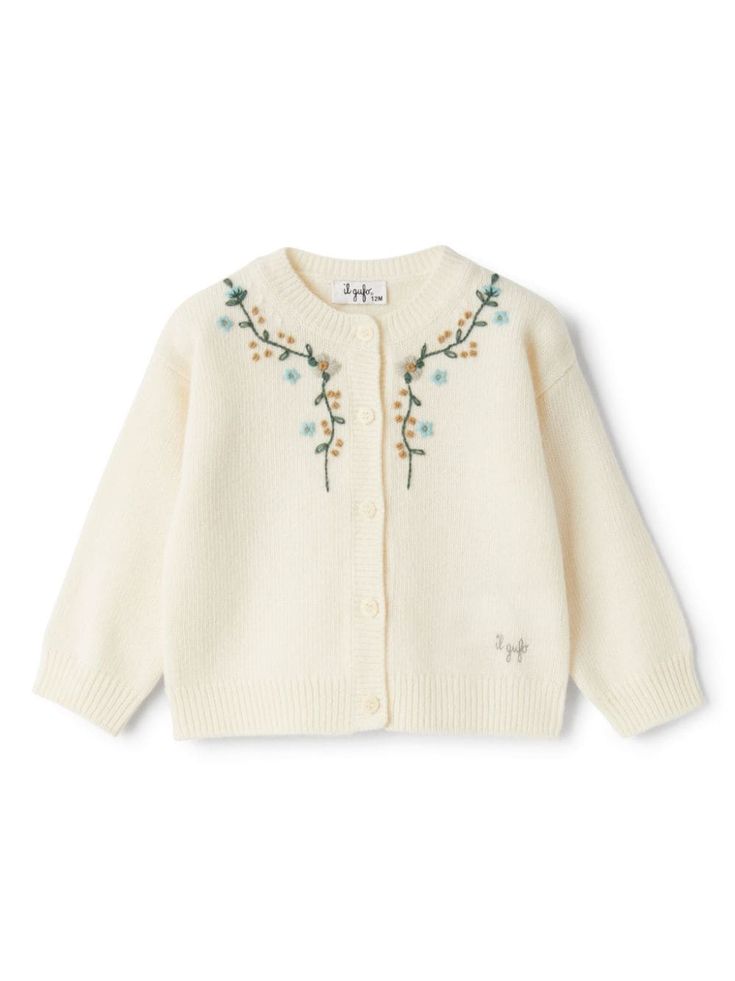 ivory white virgin wool floral embroidery embroidered logo ribbed round neck front button fastening long sleeves ribbed cuffs and hem Edge Embroidery, Embroidery Cardigan, Crew Neck Cardigan, Dress With Jean Jacket, Baby Knits, Baby Boy Accessories, Dolce And Gabbana Kids, Embroidered Cardigan, Floral Cardigan