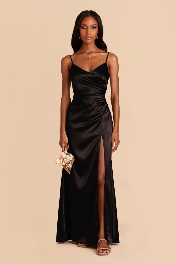 Asymmetrical ruching brings the red carpet energy to this stunning satin bridesmaid dress. Catherine is equal parts blushing bridesmaid and knockout Bond Girl. | Black Bridesmaid Dress Shiny Satin Size Small | Birdy Grey Catherine Black Bridemaid Dresses, Satin Black Bridesmaid Dresses, Black Mismatched Bridesmaid Dresses, Black Satin Bridesmaid Dresses, Black Tie Dress Code Women, Black Satin Bridesmaid Dress, Bridesmaid Dresses Black, Black Bridesmaid Dress, Black Tie Dress Code