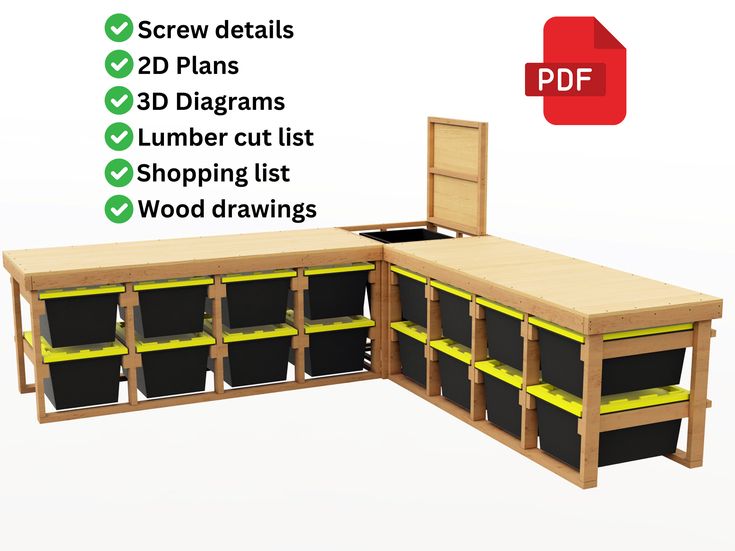 an image of a wooden workbench with instructions on how to assemble it and where to put the items