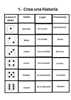 an image of dices in spanish with the words 1 - crea una historia