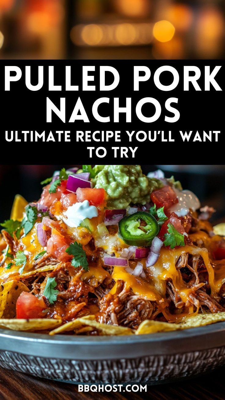 pulled pork nachos on a plate with text overlay that reads pulled pork nachos ultimate recipe you'll want to try