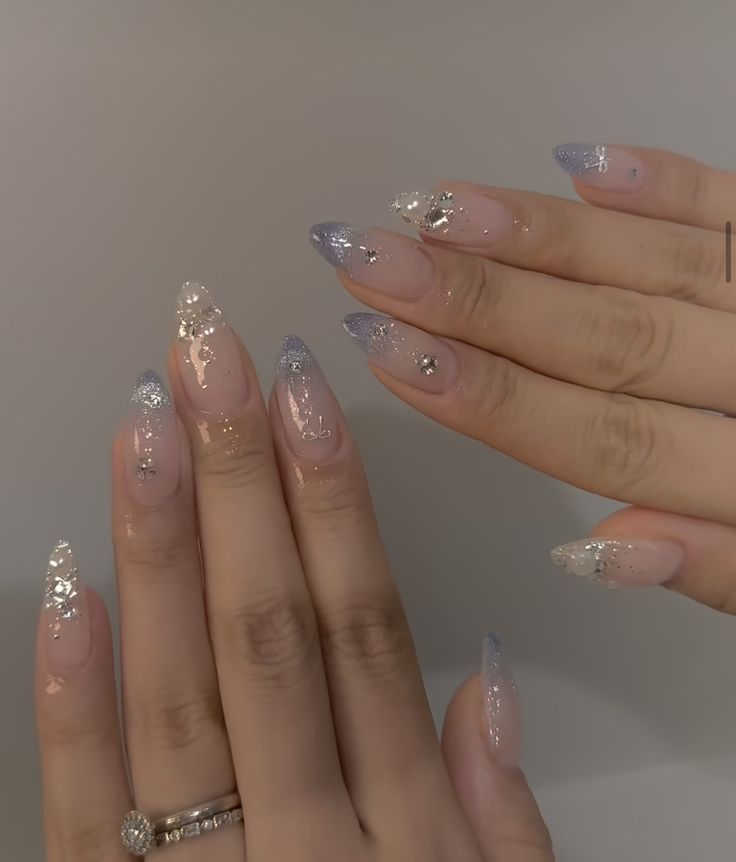 Neutral Nails With Gems, Nails W Gems, Nails With Gems Rhinestones, Gems On Nails, Cristal Nails, Ethereal Nails, Gem Nail Art, Nails With Gems, Nail Gems