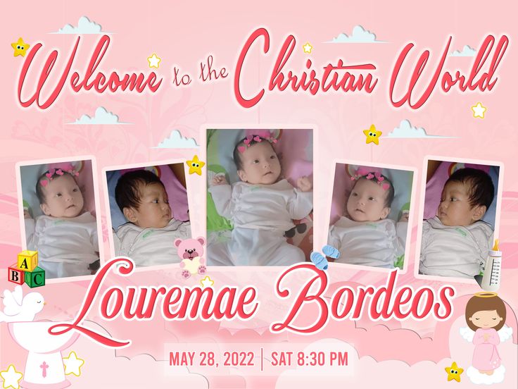 a baby announcement with three pictures of the same child in pink and white, on a pink background that says welcome to the christian world