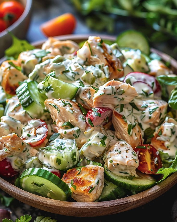 a wooden bowl filled with cucumber and chicken salad on top of a table