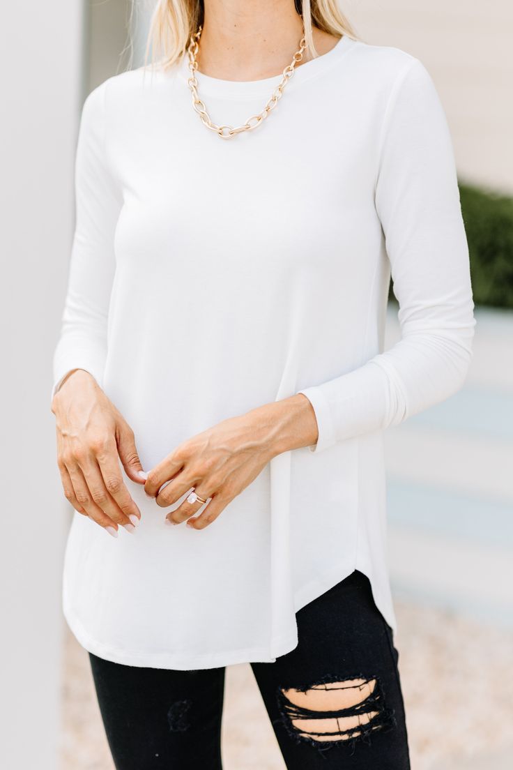 long sleeves, a round neckline, and a classic fit, solid top, basic top The Comfy, Mint Julep Boutique, Let You Down, Mint Julep, Ivory White, Comfy Fits, A Dream, Round Neckline, Must Haves