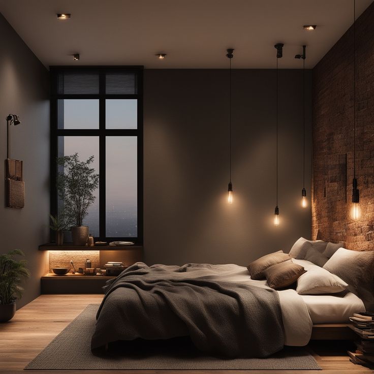 a large bed sitting in a bedroom next to a window with lights hanging from it