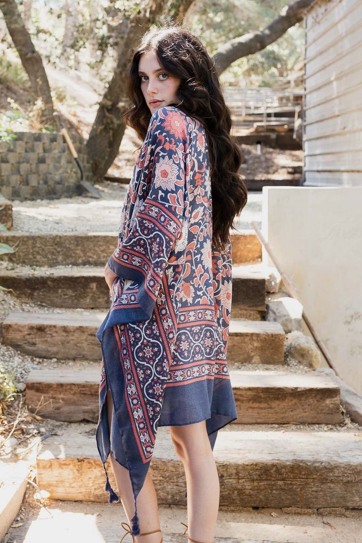 Moroccan Inspired Tapestry Kimono One Size / Blue Casual Patterned Kimono For Beach Cover-up, Blue Relaxed Fit Kimono For Spring, Blue Rayon Kimono For Spring, Blue Casual Relaxed Fit Kimono, Casual Blue Relaxed Fit Kimono, Summer Indigo Cotton Kimono, Summer Cotton Indigo Kimono, Hippie Style Blue Kimono For Spring, Flowy Patterned Kimono For Festivals