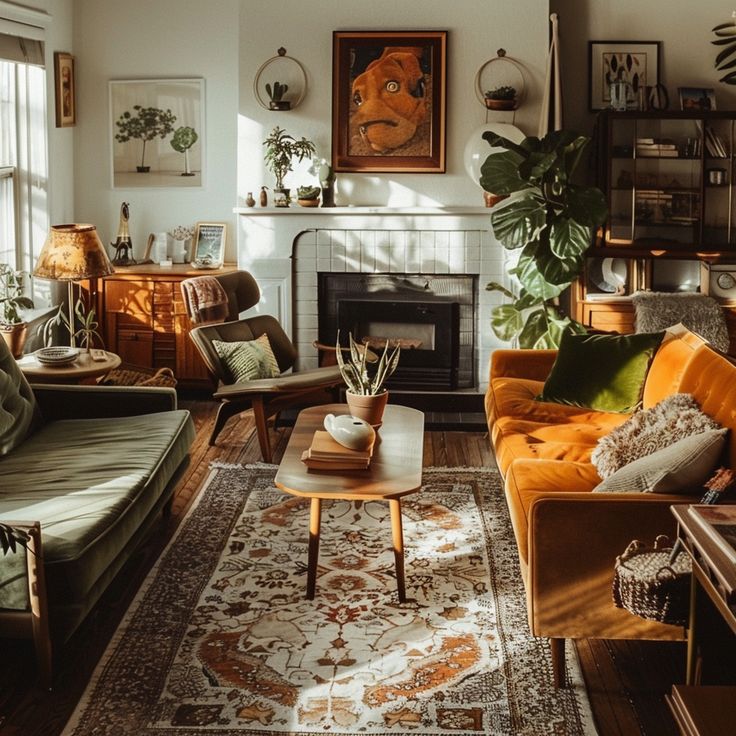 a living room filled with furniture and a fire place