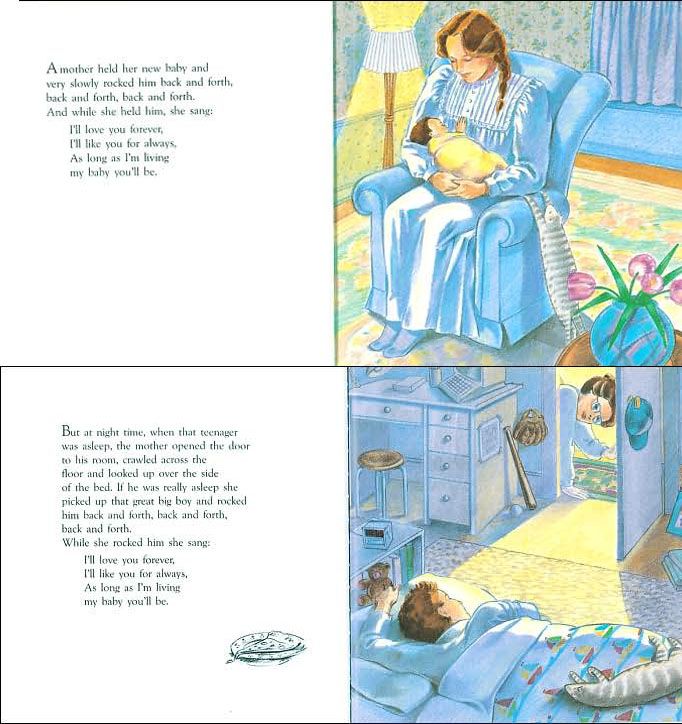 an open book with pictures of a child in bed