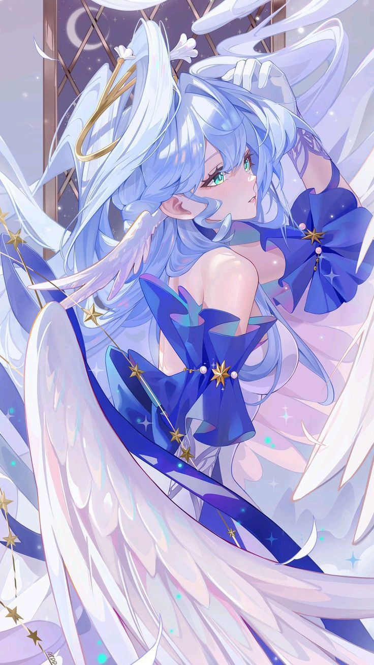 an anime character with white hair and blue wings, holding a star in her hand