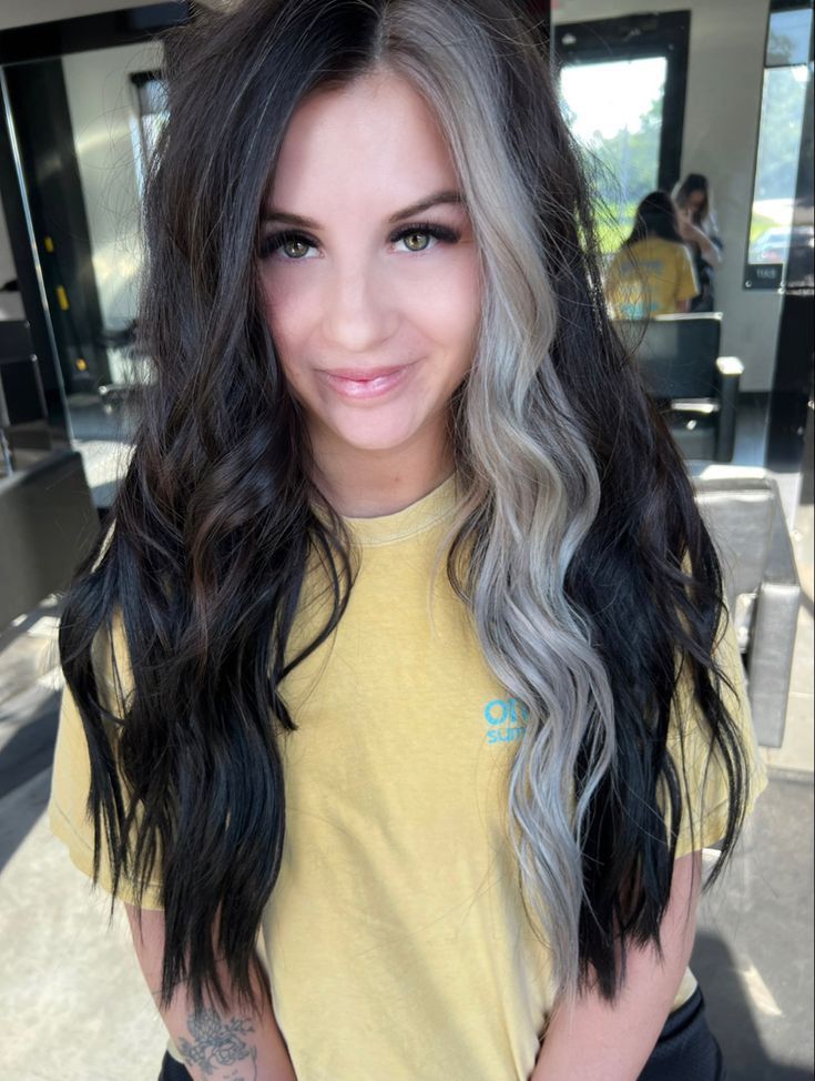 Blonde And Dark Hair Underneath, Black And Silver Color Block Hair, Silver Underlayer Hair, Black Hair With Blonde Color Block, Brunette Hair With White Streak, Black Hair Grey Streak, Black Hair Pop Of Color, Rogue Inspired Hair, Dark Edgy Hair Color Ideas