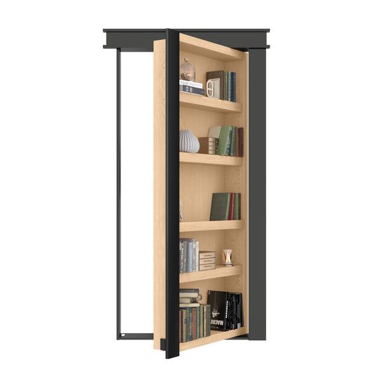 an open bookcase with several books on the shelves and one door opened to reveal another shelf