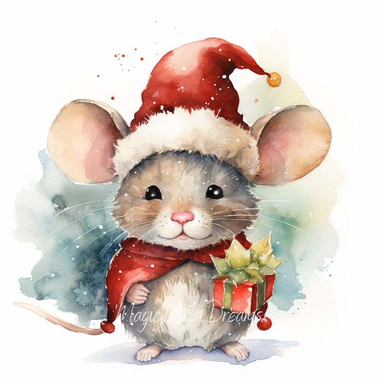 a watercolor painting of a mouse wearing a santa hat