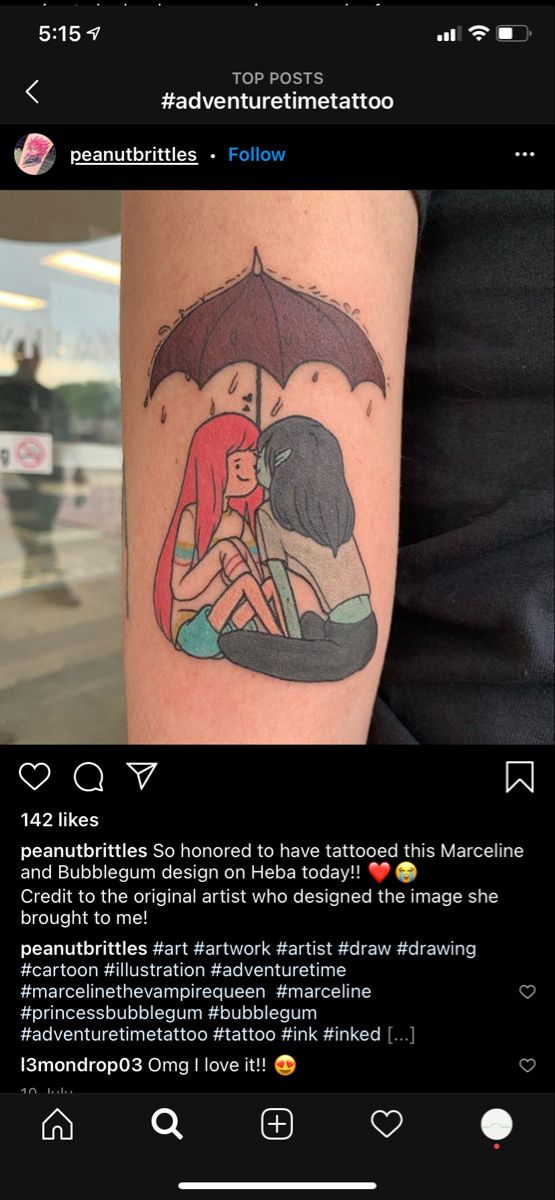 a couple hugging under an umbrella tattoo on someone's left arm with the caption underneath it