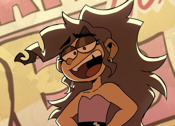 a cartoon character with long hair and an evil look on her face, standing in front of a sign