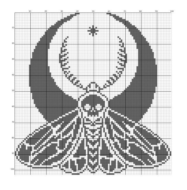 a black and white cross stitch pattern with a moth on it's back side