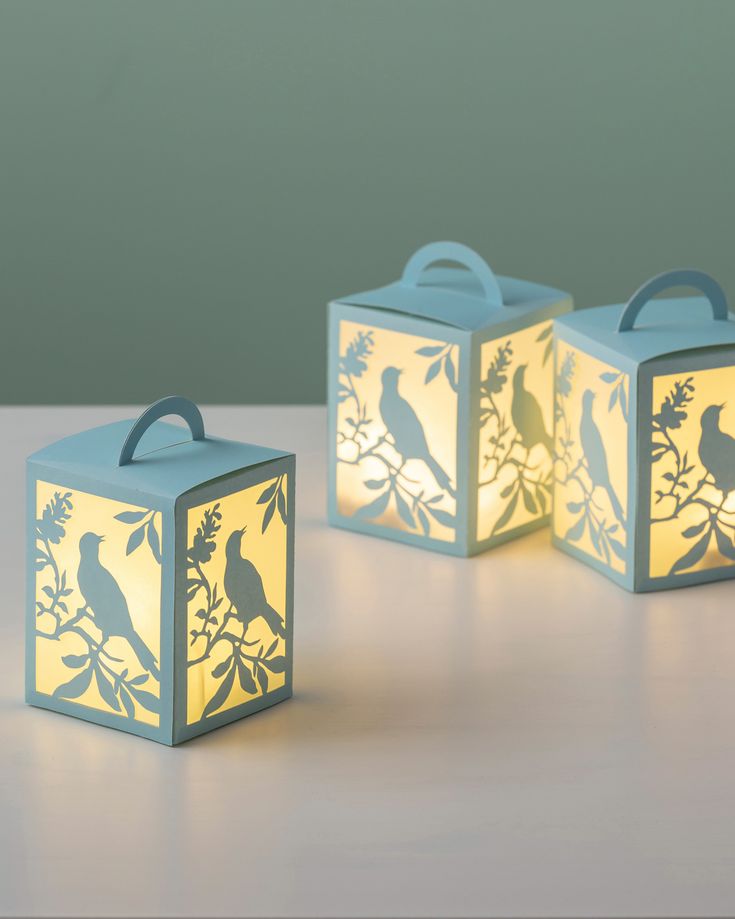 three small boxes with birds on them sitting next to each other, one has a light in the shape of a box