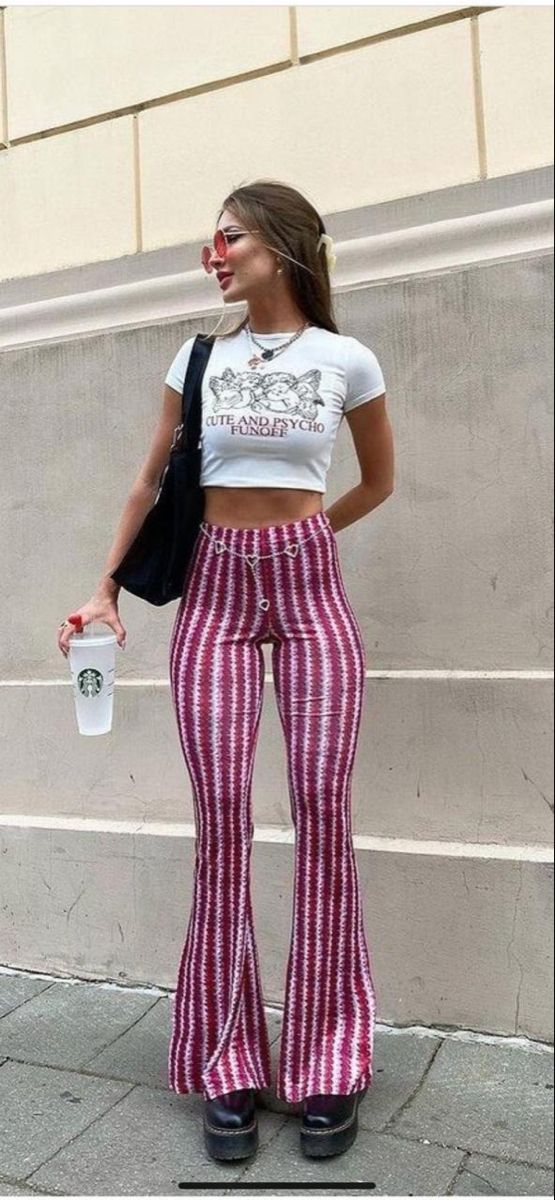 Stripe Flare Pants Outfit, Patterned Flare Pants Outfit, Swirl Pants Outfit, Pin Stripe Pants Outfit, Flair Pants Outfit, Bootcut Pants Outfit, Patterned Leggings Outfits, Pinstripe Pants Outfit, Boston Calling