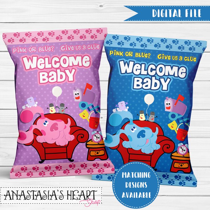 two bags of welcome baby candy sitting next to each other