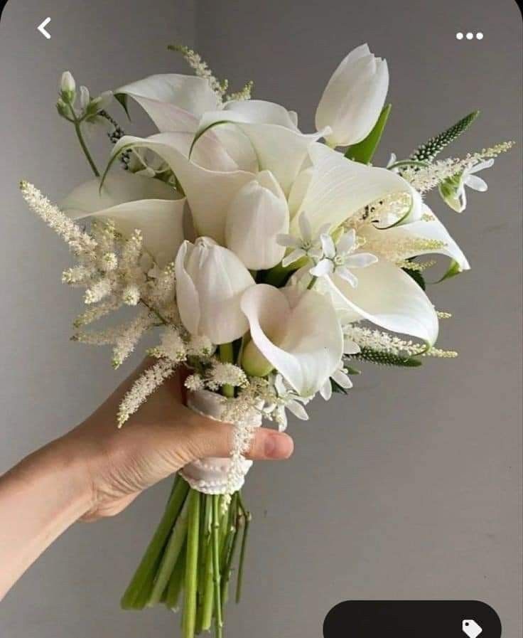 someone holding a bouquet of white flowers in their hand