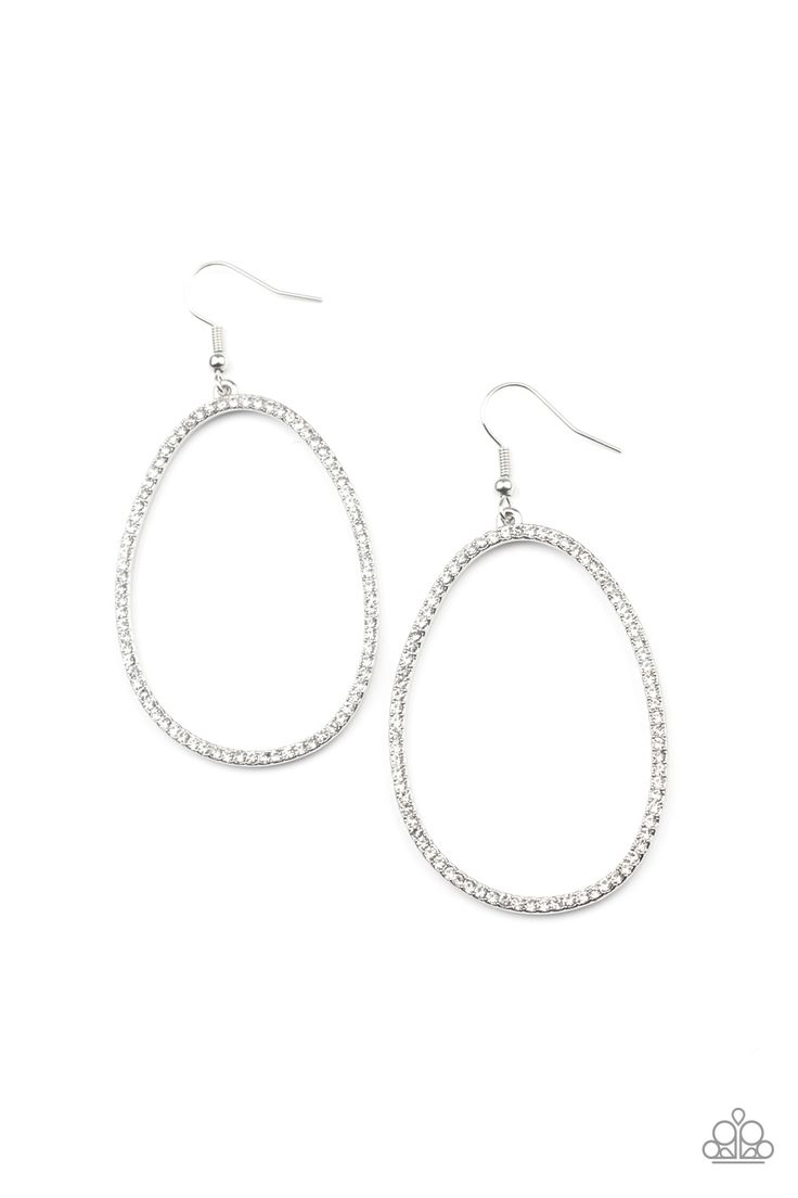 Dotted in dainty white rhinestones, an asymmetrical oval silver frame swings from the ear for a sassy look. Earring attaches to a standard fishhook fitting.

 Sold as one pair of earrings. Live Text, Paparazzi Earrings, Sparkle Fashion, Mobile Boutique, Jewelry Watch, Oval Earring, Fish Hook Earrings, Glam Style, Paparazzi Accessories