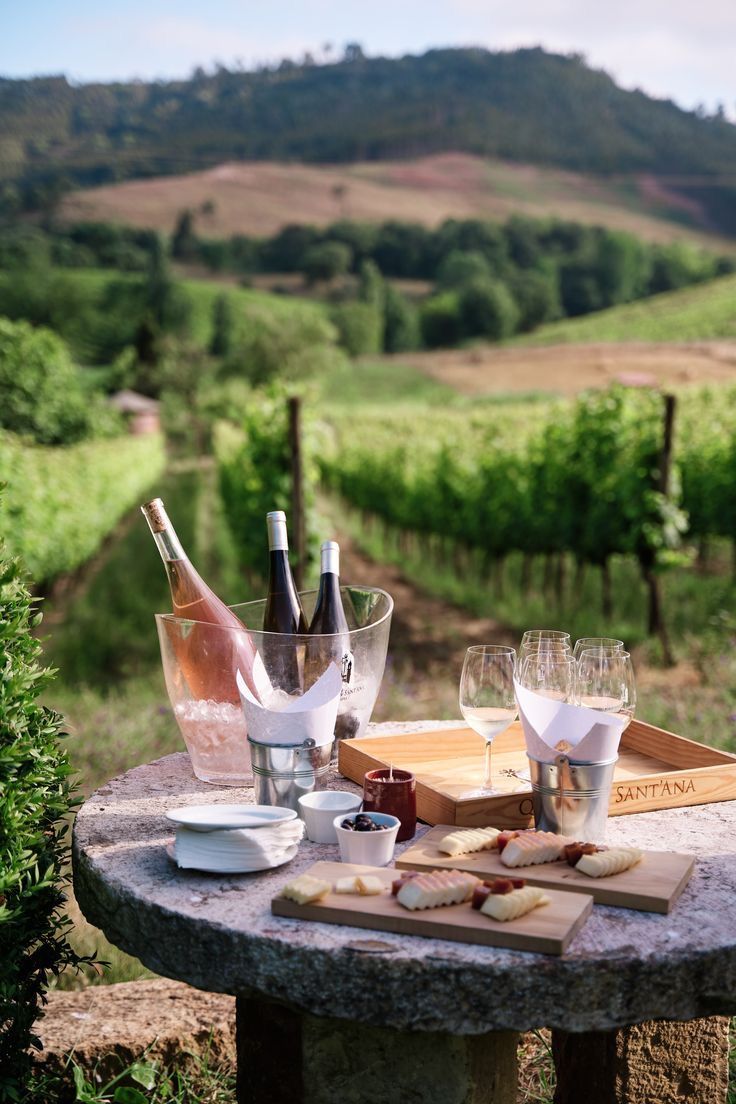 a table with wine bottles and glasses on it in front of some vineyards at the foot of a hill