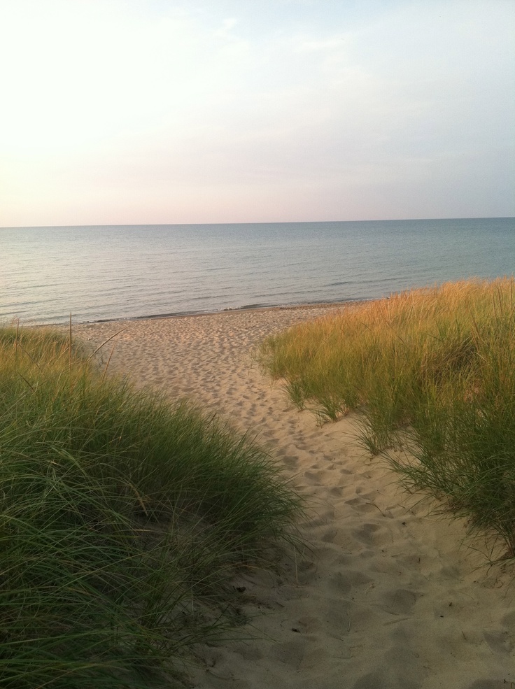 an empty beach with grass and the ocean in the background