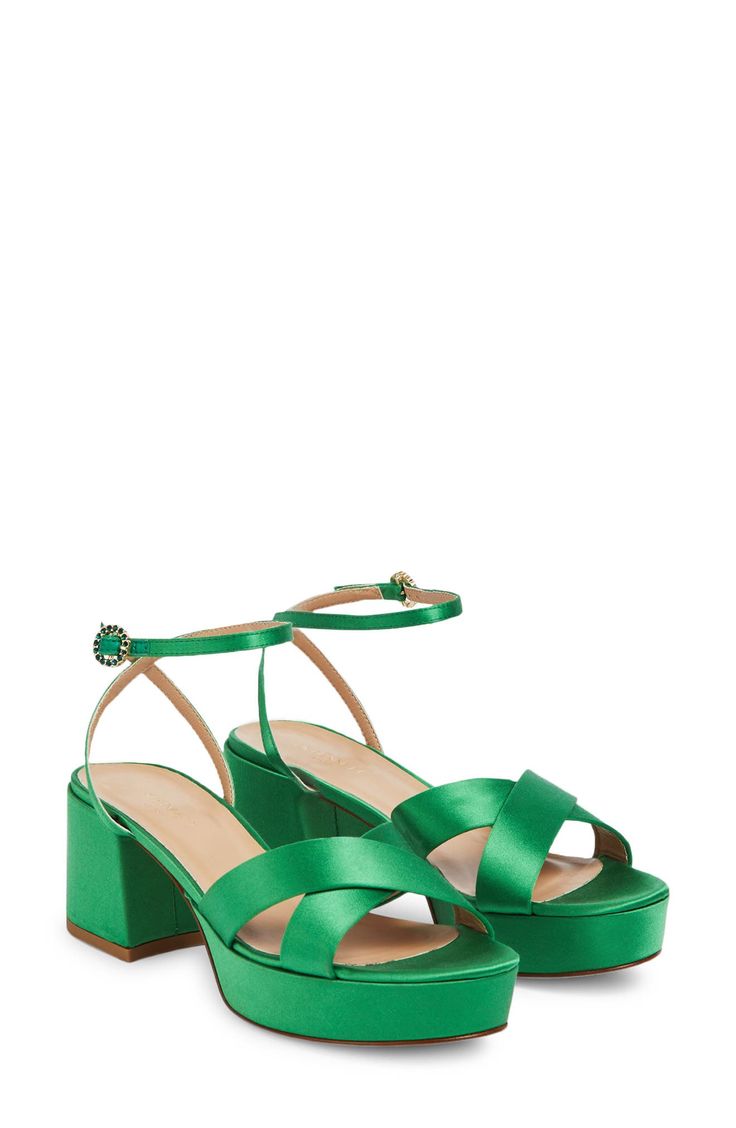 Sleek satin creates visual intrigue on an ankle-strap sandal balanced by a bold platform and wrapped block heel. 2 1/2" heel Textile upper/leather lining/synthetic sole Made in Italy Green Block Heel Sandals For Evening, Green Evening Sandals With Block Heel, Green Platform Sandals For Evening, Green Platform Sandals With Synthetic Material, Green Sandals With 4-inch Heel And Round Toe, Green Non-slip Synthetic Sandals, Green Open Toe Sandals With 4-inch Heel, Green Synthetic Sandals With 4-inch Heel, Lk Bennett