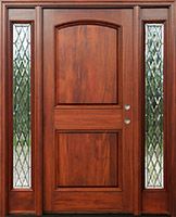 a wooden door with glass panels on the front and side doors are made of wood