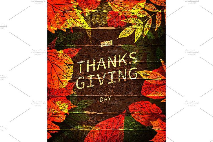 an autumn background with leaves and the words thanks giving day written on wood planks