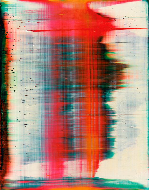 an abstract painting with red, orange and green colors