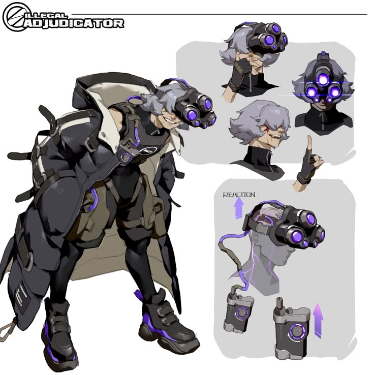 the concept art for an animated character from overwatching, with purple eyes and headphones