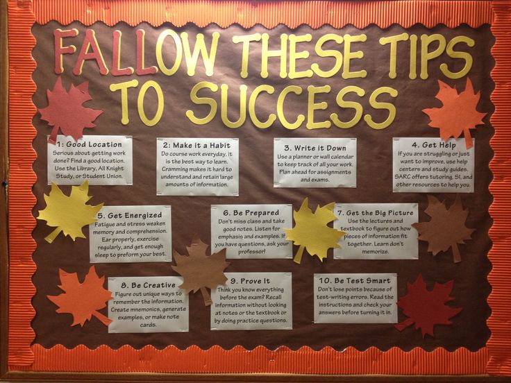 a bulletin board with fall leaves on it that says, follow these tips to success