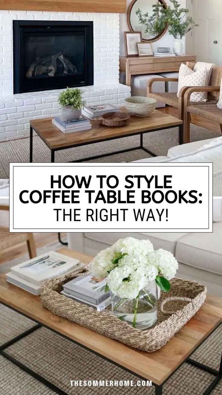 a coffee table with flowers and books on it