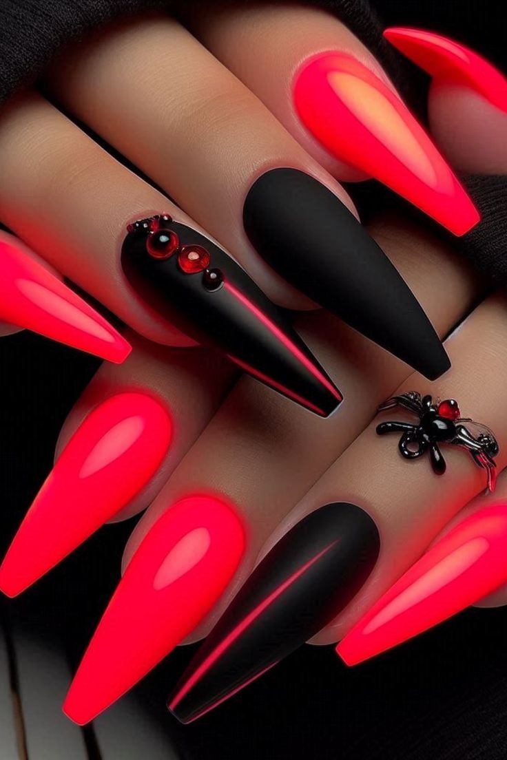 Turn up the heat with these stunning black and neon red chrome nails! Perfect for making a bold and fiery statement, this eye-catching design is ideal for a night out, special events, or whenever you want to stand out. Let your nails be the talk of the town with this vibrant and edgy look. 💅🔥 #NailArt #ChromeNails #NeonRed Red Black Nails Ideas, Teal And Burgundy Nails, Black Red Christmas Nails, Cute Nails Simple Design, Red And Black Toe Nails, Neon Black Nails, Simple But Cute Nail Designs, Dope Nail Designs Almond, Pink Inspo Nails