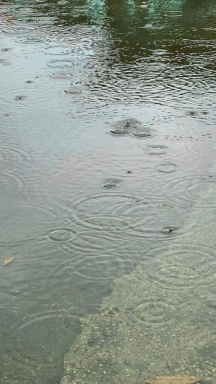 an umbrella is floating in the water on a rainy day