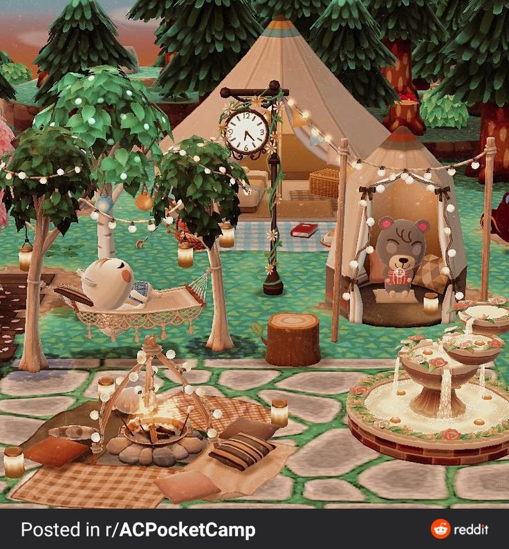 an animated image of a picnic area with hammocks, trees and teddy bears