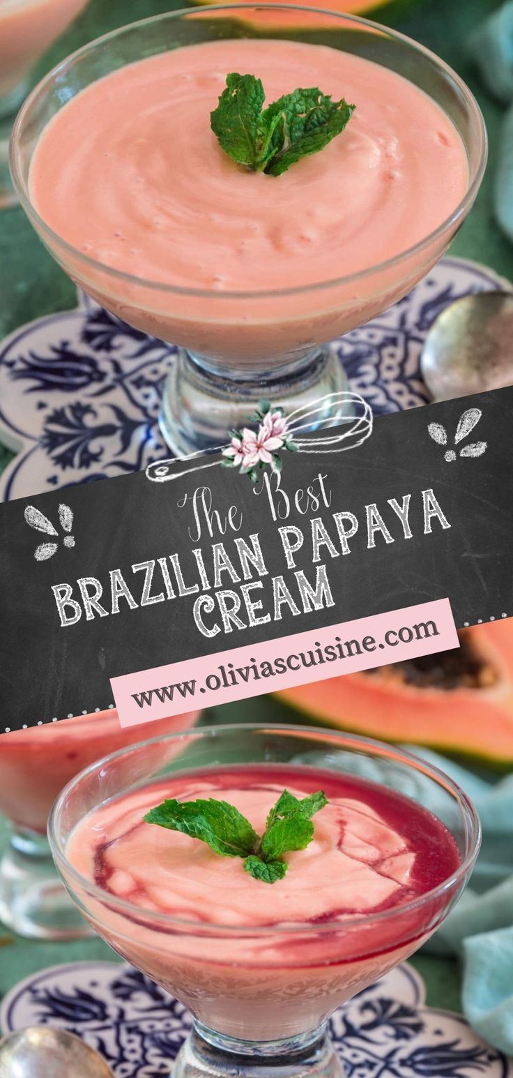 two desserts are sitting on plates next to each other, one has a sign that says brazilian papaya cream