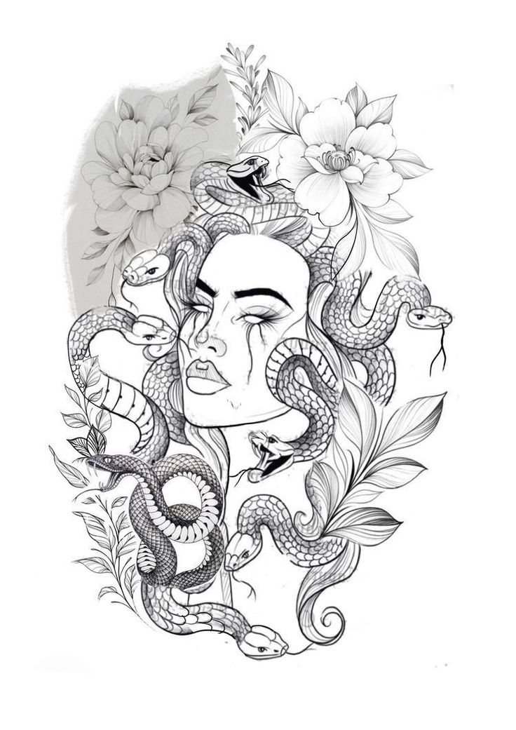 a drawing of a woman with a snake on her head and flowers in her hair