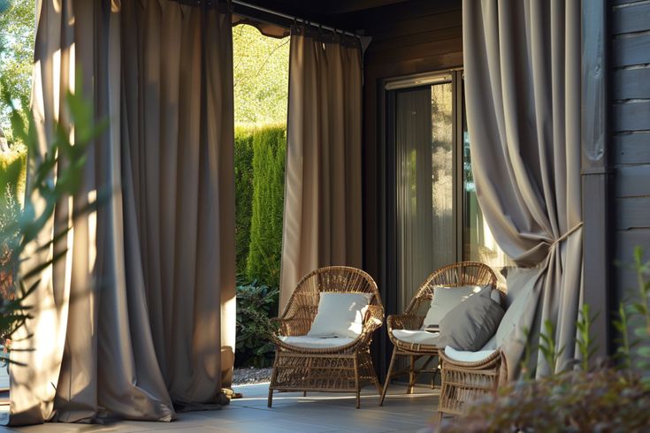 two wicker chairs sitting on top of a patio next to a wooden door with curtains