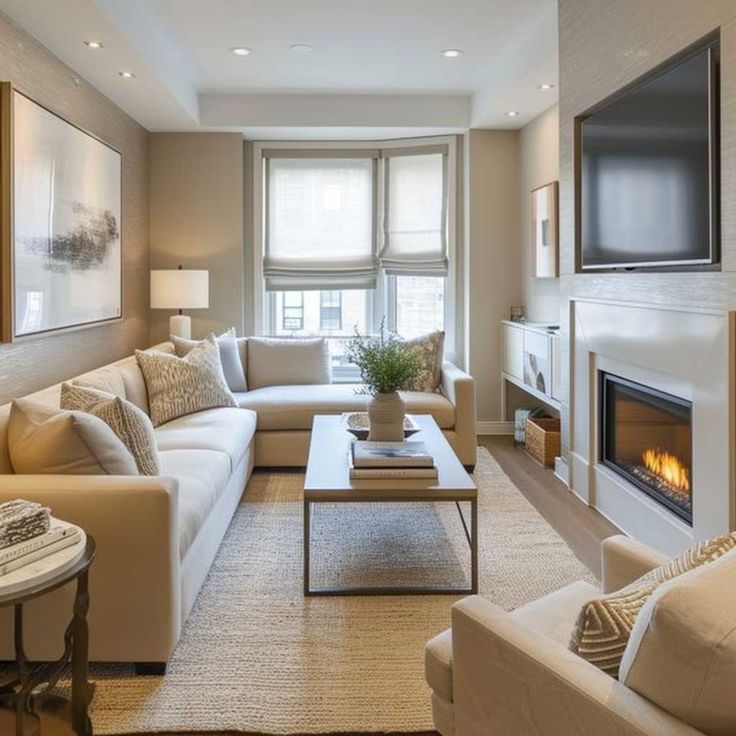 a living room filled with furniture and a flat screen tv mounted on the wall above a fire place